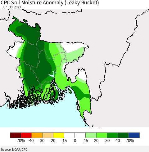 Bangladesh CPC Soil Moisture Anomaly (Leaky Bucket) Thematic Map For 6/26/2023 - 6/30/2023