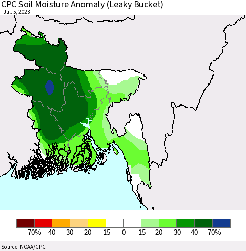 Bangladesh CPC Soil Moisture Anomaly (Leaky Bucket) Thematic Map For 7/1/2023 - 7/5/2023