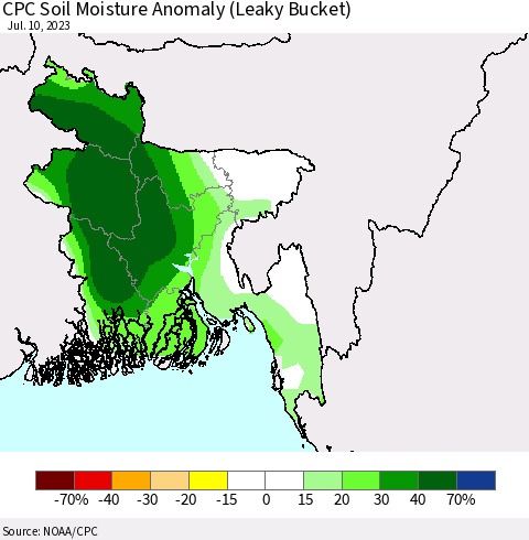 Bangladesh CPC Soil Moisture Anomaly (Leaky Bucket) Thematic Map For 7/6/2023 - 7/10/2023