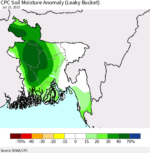 Bangladesh CPC Soil Moisture Anomaly (Leaky Bucket) Thematic Map For 7/11/2023 - 7/15/2023