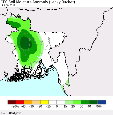 Bangladesh CPC Soil Moisture Anomaly (Leaky Bucket) Thematic Map For 7/16/2023 - 7/20/2023
