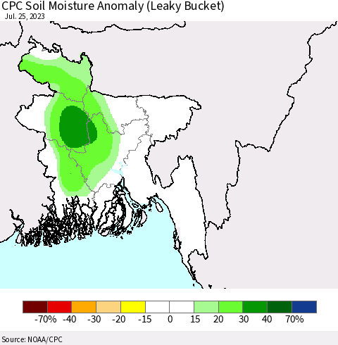 Bangladesh CPC Soil Moisture Anomaly (Leaky Bucket) Thematic Map For 7/21/2023 - 7/25/2023