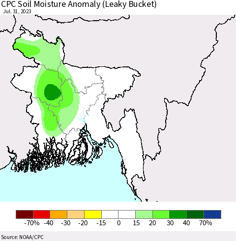 Bangladesh CPC Soil Moisture Anomaly (Leaky Bucket) Thematic Map For 7/26/2023 - 7/31/2023