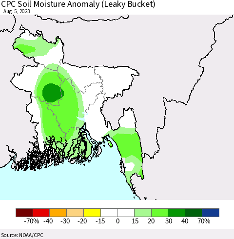 Bangladesh CPC Soil Moisture Anomaly (Leaky Bucket) Thematic Map For 8/1/2023 - 8/5/2023