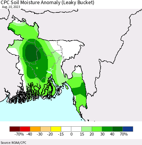 Bangladesh CPC Soil Moisture Anomaly (Leaky Bucket) Thematic Map For 8/6/2023 - 8/10/2023
