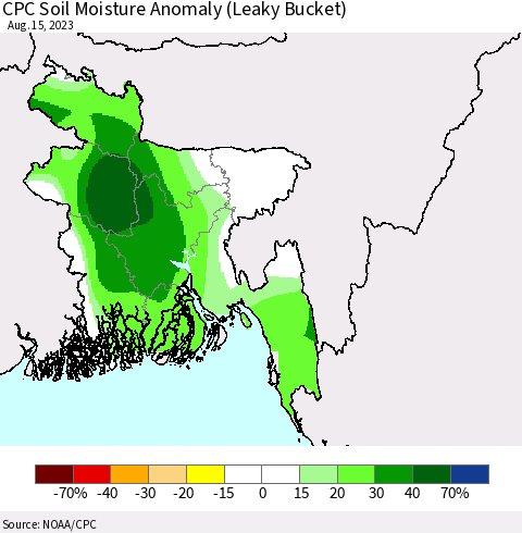 Bangladesh CPC Soil Moisture Anomaly (Leaky Bucket) Thematic Map For 8/11/2023 - 8/15/2023