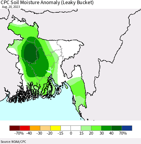 Bangladesh CPC Soil Moisture Anomaly (Leaky Bucket) Thematic Map For 8/16/2023 - 8/20/2023