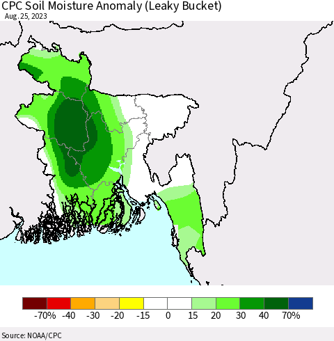 Bangladesh CPC Soil Moisture Anomaly (Leaky Bucket) Thematic Map For 8/21/2023 - 8/25/2023
