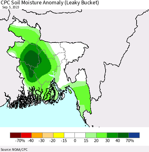 Bangladesh CPC Soil Moisture Anomaly (Leaky Bucket) Thematic Map For 9/1/2023 - 9/5/2023