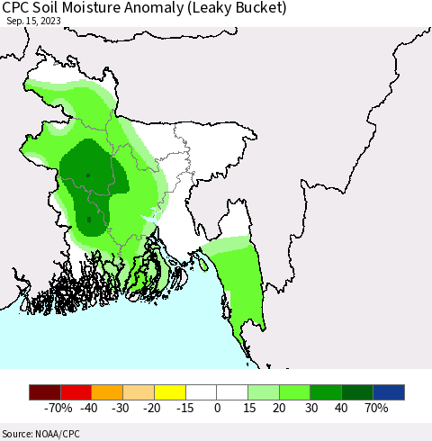 Bangladesh CPC Soil Moisture Anomaly (Leaky Bucket) Thematic Map For 9/11/2023 - 9/15/2023