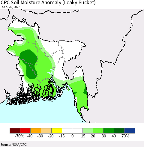 Bangladesh CPC Soil Moisture Anomaly (Leaky Bucket) Thematic Map For 9/16/2023 - 9/20/2023