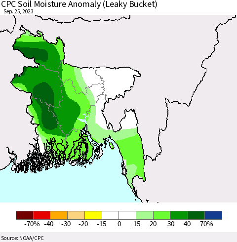 Bangladesh CPC Soil Moisture Anomaly (Leaky Bucket) Thematic Map For 9/21/2023 - 9/25/2023