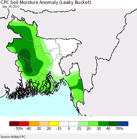 Bangladesh CPC Soil Moisture Anomaly (Leaky Bucket) Thematic Map For 9/26/2023 - 9/30/2023