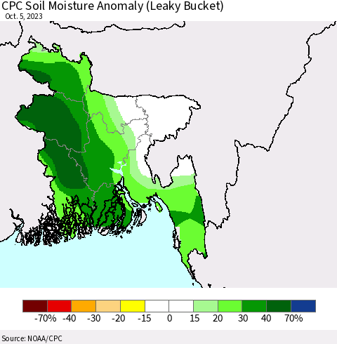 Bangladesh CPC Soil Moisture Anomaly (Leaky Bucket) Thematic Map For 10/1/2023 - 10/5/2023