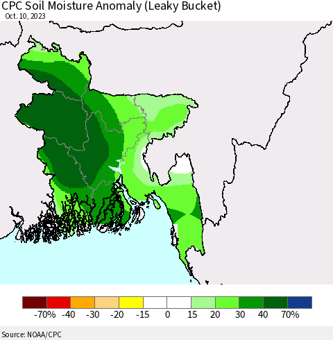 Bangladesh CPC Soil Moisture Anomaly (Leaky Bucket) Thematic Map For 10/6/2023 - 10/10/2023