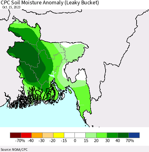 Bangladesh CPC Soil Moisture Anomaly (Leaky Bucket) Thematic Map For 10/11/2023 - 10/15/2023