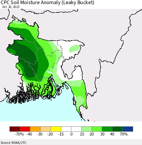 Bangladesh CPC Soil Moisture Anomaly (Leaky Bucket) Thematic Map For 10/16/2023 - 10/20/2023
