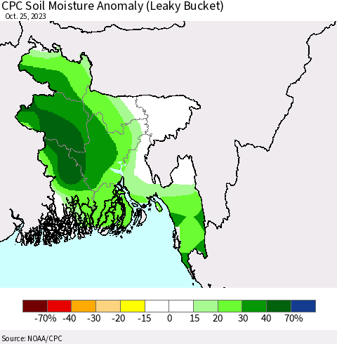 Bangladesh CPC Soil Moisture Anomaly (Leaky Bucket) Thematic Map For 10/21/2023 - 10/25/2023