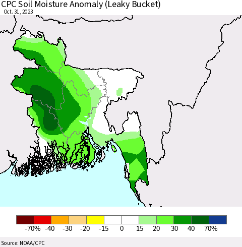 Bangladesh CPC Soil Moisture Anomaly (Leaky Bucket) Thematic Map For 10/26/2023 - 10/31/2023