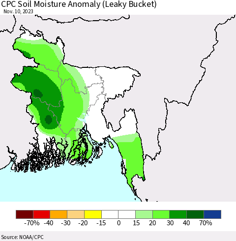 Bangladesh CPC Soil Moisture Anomaly (Leaky Bucket) Thematic Map For 11/6/2023 - 11/10/2023