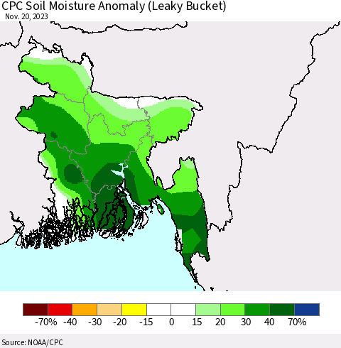 Bangladesh CPC Soil Moisture Anomaly (Leaky Bucket) Thematic Map For 11/16/2023 - 11/20/2023