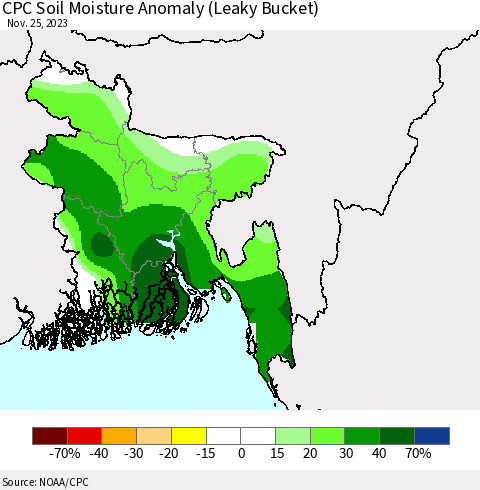 Bangladesh CPC Soil Moisture Anomaly (Leaky Bucket) Thematic Map For 11/21/2023 - 11/25/2023