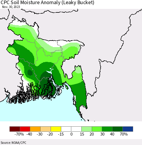 Bangladesh CPC Soil Moisture Anomaly (Leaky Bucket) Thematic Map For 11/26/2023 - 11/30/2023