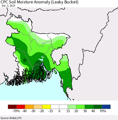 Bangladesh CPC Soil Moisture Anomaly (Leaky Bucket) Thematic Map For 12/1/2023 - 12/5/2023