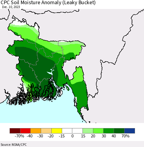 Bangladesh CPC Soil Moisture Anomaly (Leaky Bucket) Thematic Map For 12/6/2023 - 12/10/2023