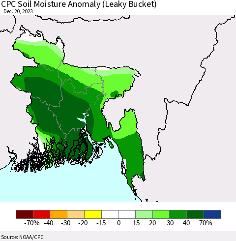 Bangladesh CPC Soil Moisture Anomaly (Leaky Bucket) Thematic Map For 12/16/2023 - 12/20/2023