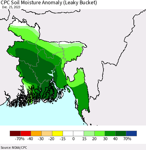 Bangladesh CPC Soil Moisture Anomaly (Leaky Bucket) Thematic Map For 12/21/2023 - 12/25/2023
