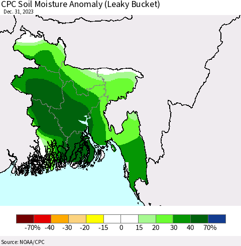 Bangladesh CPC Soil Moisture Anomaly (Leaky Bucket) Thematic Map For 12/26/2023 - 12/31/2023