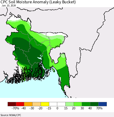 Bangladesh CPC Soil Moisture Anomaly (Leaky Bucket) Thematic Map For 1/6/2024 - 1/10/2024