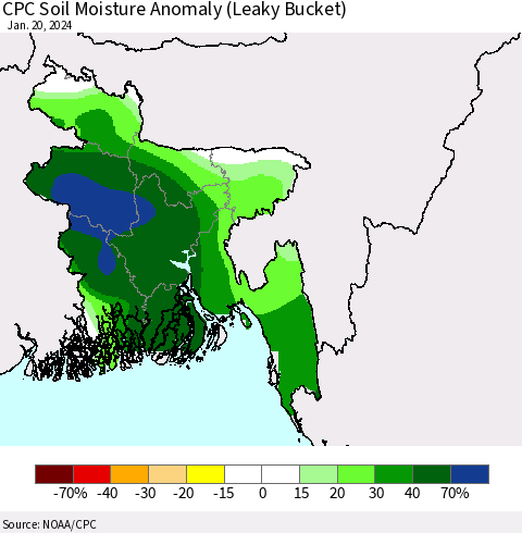 Bangladesh CPC Soil Moisture Anomaly (Leaky Bucket) Thematic Map For 1/16/2024 - 1/20/2024