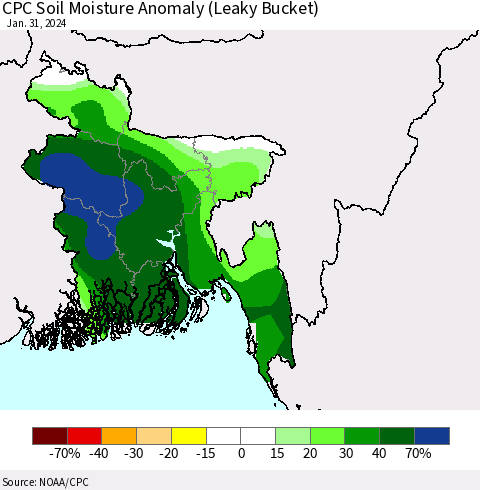 Bangladesh CPC Soil Moisture Anomaly (Leaky Bucket) Thematic Map For 1/26/2024 - 1/31/2024