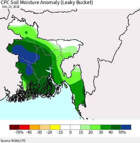 Bangladesh CPC Soil Moisture Anomaly (Leaky Bucket) Thematic Map For 2/11/2024 - 2/15/2024