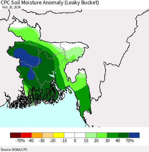 Bangladesh CPC Soil Moisture Anomaly (Leaky Bucket) Thematic Map For 2/16/2024 - 2/20/2024