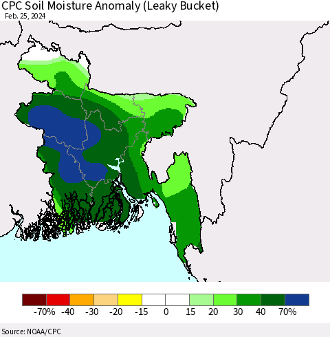 Bangladesh CPC Soil Moisture Anomaly (Leaky Bucket) Thematic Map For 2/21/2024 - 2/25/2024