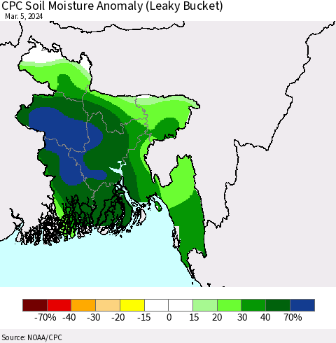 Bangladesh CPC Soil Moisture Anomaly (Leaky Bucket) Thematic Map For 3/1/2024 - 3/5/2024