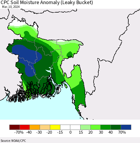 Bangladesh CPC Soil Moisture Anomaly (Leaky Bucket) Thematic Map For 3/6/2024 - 3/10/2024