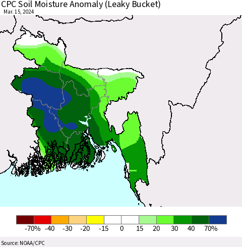 Bangladesh CPC Soil Moisture Anomaly (Leaky Bucket) Thematic Map For 3/11/2024 - 3/15/2024