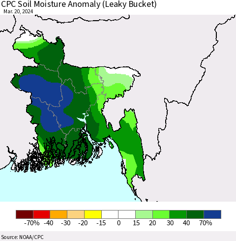 Bangladesh CPC Soil Moisture Anomaly (Leaky Bucket) Thematic Map For 3/16/2024 - 3/20/2024