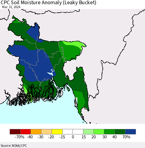 Bangladesh CPC Soil Moisture Anomaly (Leaky Bucket) Thematic Map For 3/26/2024 - 3/31/2024