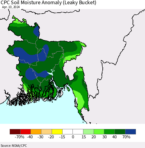 Bangladesh CPC Soil Moisture Anomaly (Leaky Bucket) Thematic Map For 4/6/2024 - 4/10/2024