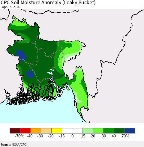 Bangladesh CPC Soil Moisture Anomaly (Leaky Bucket) Thematic Map For 4/11/2024 - 4/15/2024