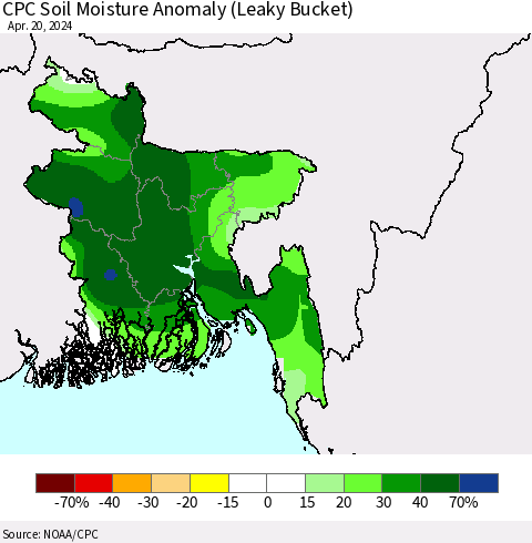 Bangladesh CPC Soil Moisture Anomaly (Leaky Bucket) Thematic Map For 4/16/2024 - 4/20/2024