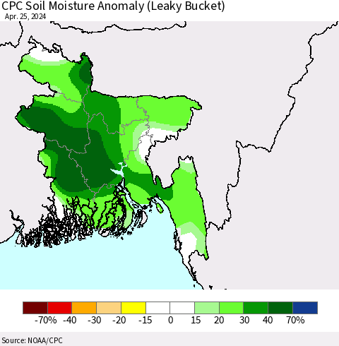 Bangladesh CPC Soil Moisture Anomaly (Leaky Bucket) Thematic Map For 4/21/2024 - 4/25/2024