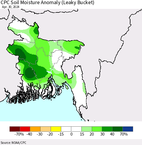 Bangladesh CPC Soil Moisture Anomaly (Leaky Bucket) Thematic Map For 4/26/2024 - 4/30/2024