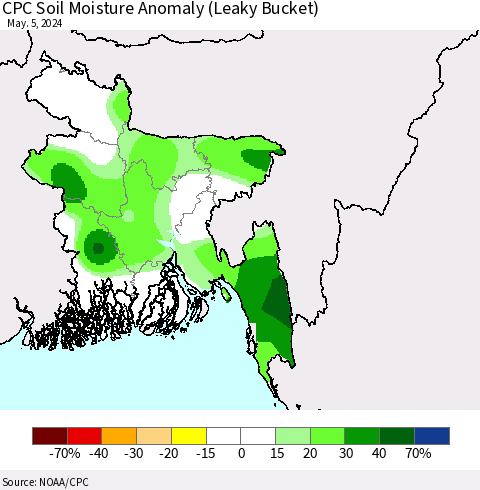 Bangladesh CPC Soil Moisture Anomaly (Leaky Bucket) Thematic Map For 5/1/2024 - 5/5/2024