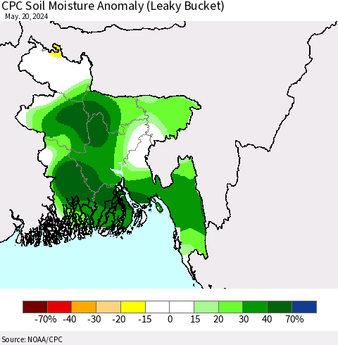 Bangladesh CPC Soil Moisture Anomaly (Leaky Bucket) Thematic Map For 5/16/2024 - 5/20/2024